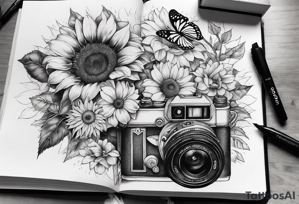 sunflower, camera, flower rose , book, butterfly tattoo idea sunflower, camera, flower rose , book, butterfly tattoo idea