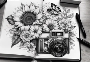 sunflower, camera, flower rose , book, butterfly tattoo idea