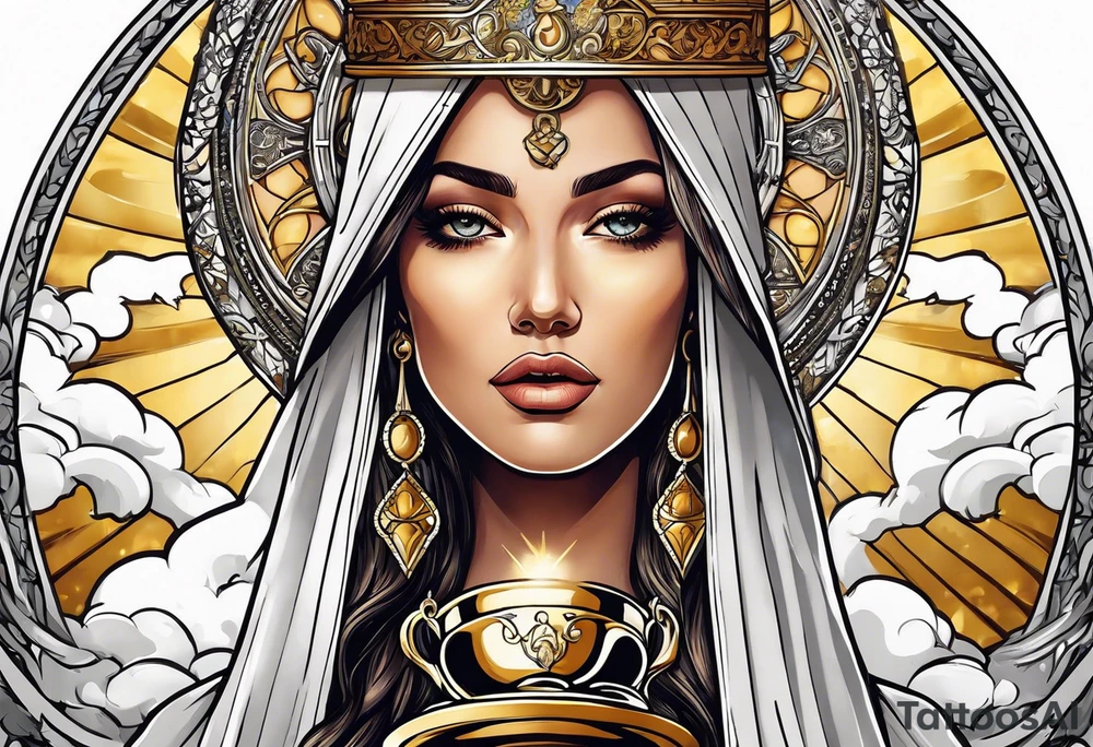 woman saint holding chalice surrounded by golden halo sideways tattoo idea