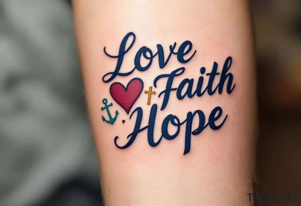 Script in deep navy ink, with a heart in burgundy, a gold cross, and a teal anchor subtly integrated into the words love faith hope. tattoo idea