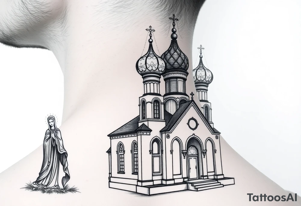 medium sized Russian orthodox church with bulb domes with a prominent russian orthodox style virgin mary stood outside to the left tattoo idea