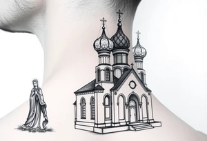 medium sized Russian orthodox church with bulb domes with a prominent russian orthodox style virgin mary stood outside to the left tattoo idea
