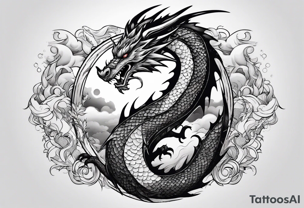 Dragon with Seven shape with full moon on background tattoo idea