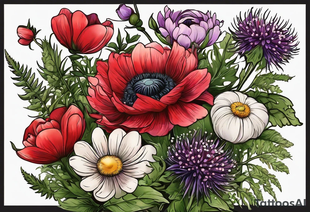 simple wildflowers with thistles, ferns, ranuculus, white anemones, sun flowers, red flowers, pink flowers, purple flowers, buttercups, babys breath, daisies, and greenery all in color tattoo idea