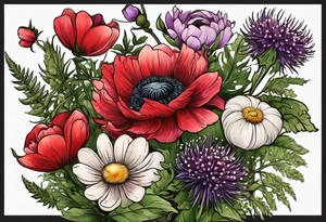 simple wildflowers with thistles, ferns, ranuculus, white anemones, sun flowers, red flowers, pink flowers, purple flowers, buttercups, babys breath, daisies, and greenery all in color tattoo idea