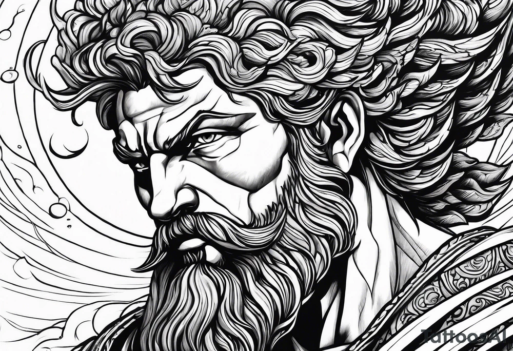 the greek god melitus embodying masculinity with a background of storms tattoo idea