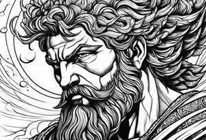 the greek god melitus embodying masculinity with a background of storms tattoo idea