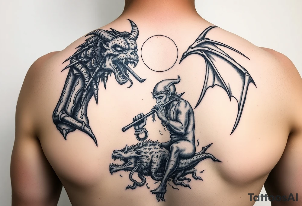 Azathoth being killed to sleep by the old gods playing demonic flutes tattoo idea