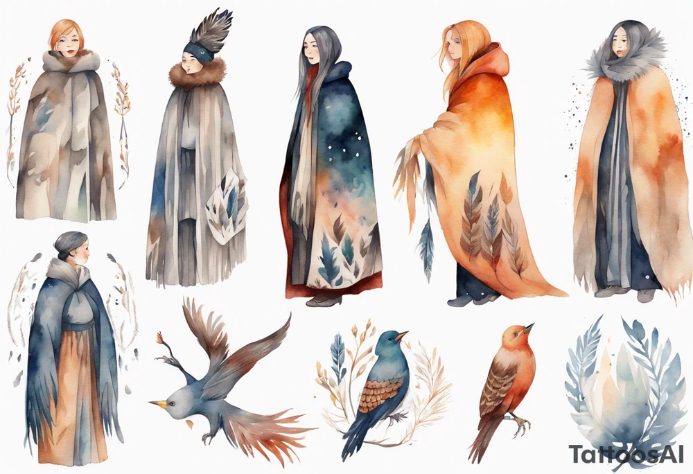 a solitary Scandinavian woman with a feathered cloak tattoo idea