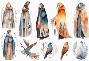 a solitary Scandinavian woman with a feathered cloak tattoo idea