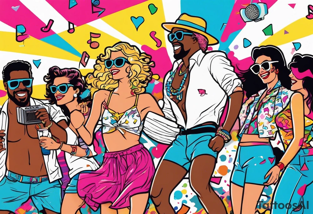 1980's miami vice style beach dance 
party, include confetti, music notes, boom box tattoo idea