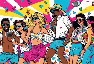 1980's miami vice style beach dance 
party, include confetti, music notes, boom box tattoo idea