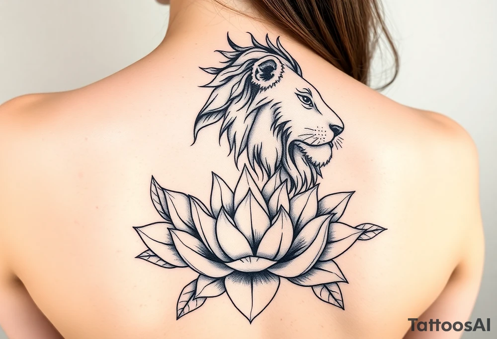 Simple lioness with lotus flower tattoo idea