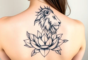 Simple lioness with lotus flower tattoo idea