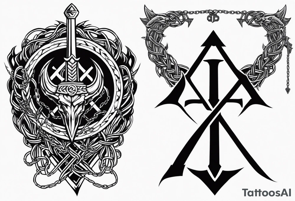 Valhalla sword shield dragon axe Valknut barbed wire chains tattoo idea Valhalla sword shield dragon axe Valknut barbed wire chains tattoo idea