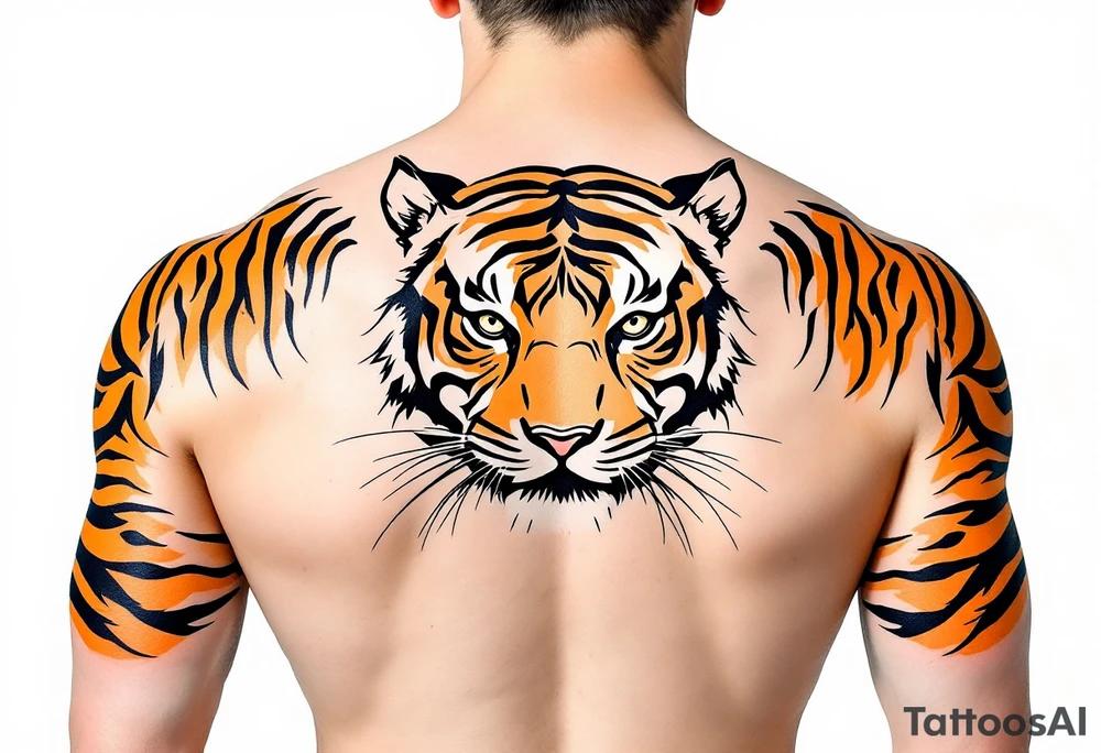 Matching orange and black tiger stripes wrapping around both upper arms tattoo idea