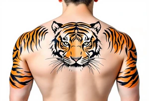 Matching orange and black tiger stripes wrapping around both upper arms tattoo idea