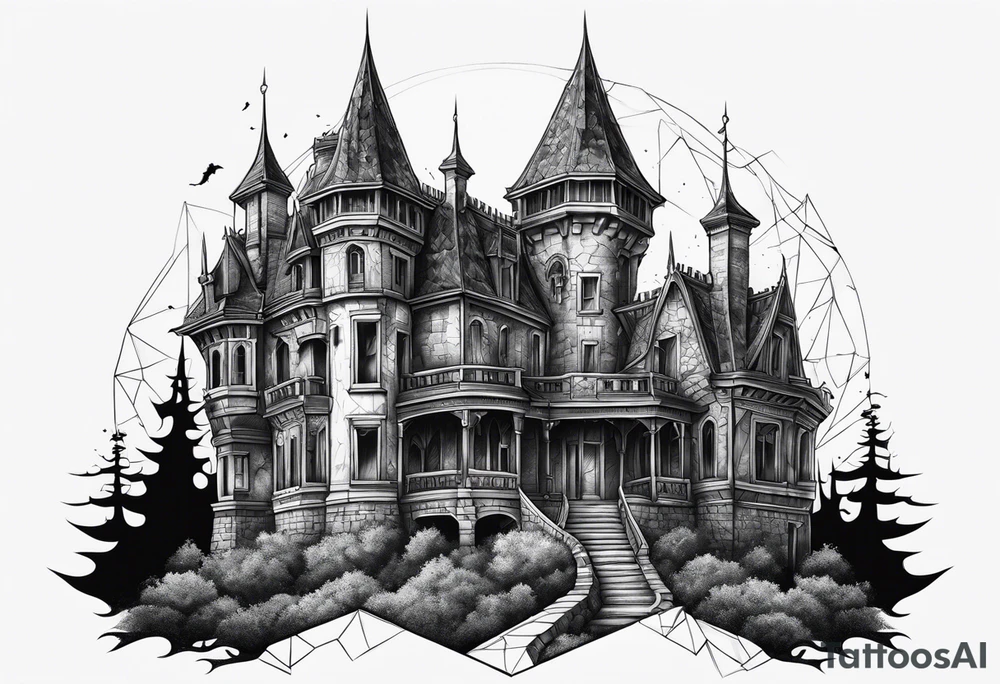 Scary rotting haunted castle portrait tattoo idea
