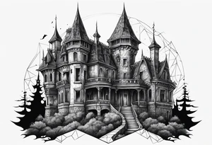 Scary rotting haunted castle portrait tattoo idea