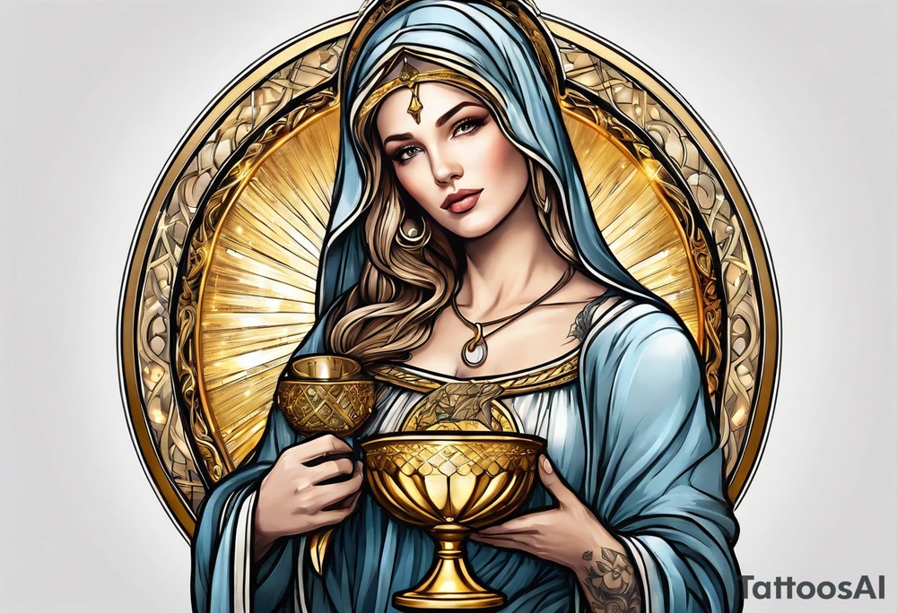 woman saint holding chalice surrounded by golden halo tattoo idea
