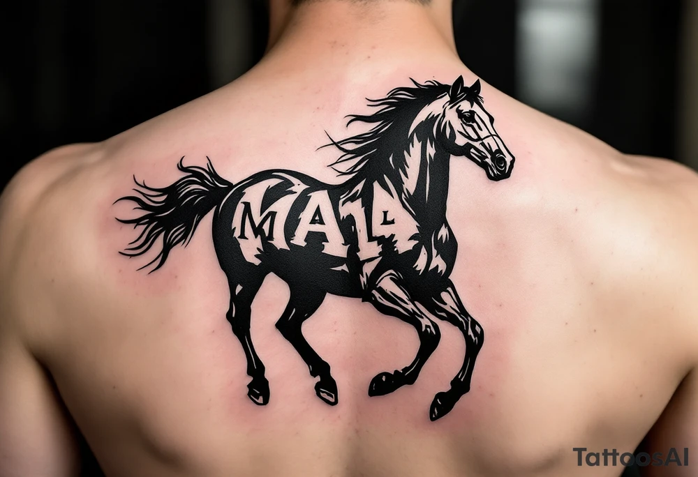 horse silhouette 
from the front which gallops from the front, with the 3 small letters discreetly integrated: M, A, L tattoo idea