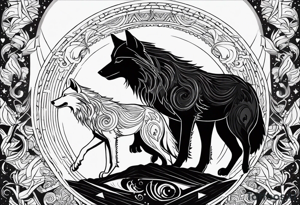 Two wolves—Sköll and Hati—one chasing the sun and the other chasing the moon. You could position them on opposite sides of a circular design with the sun rising and the moon setting at the top and bottom. tattoo idea