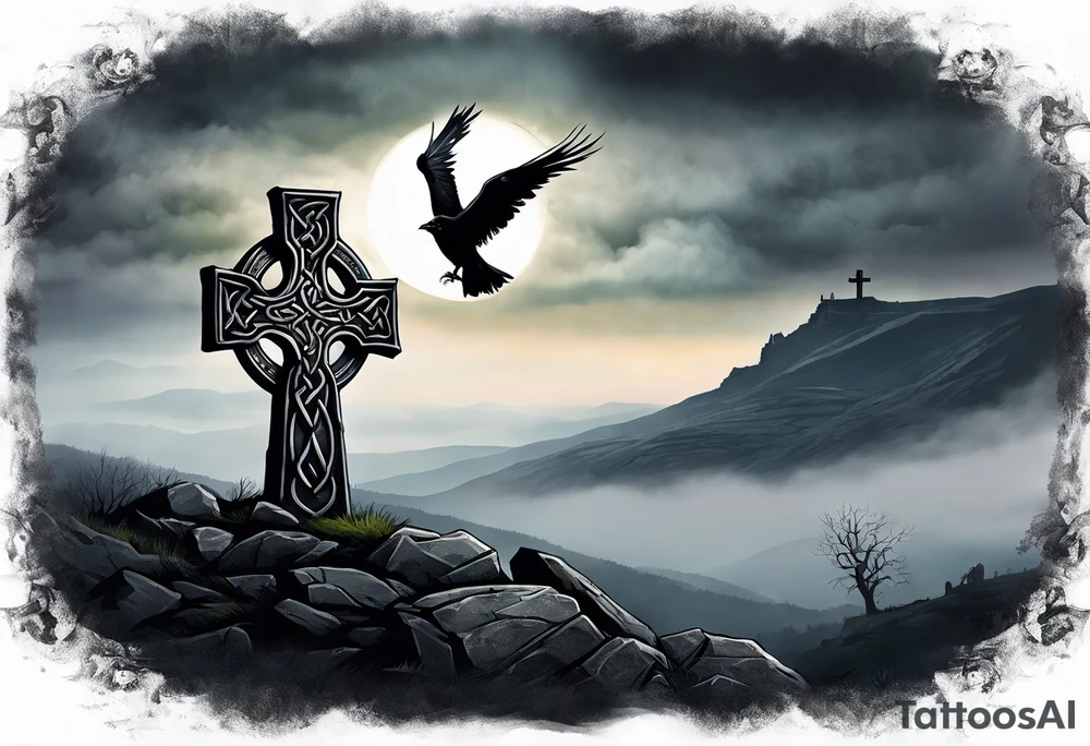 A stone Celtic cross solemnly standing atop a hill, a raven perches atop the cross staring out over the desolation. A ruined stone wall lies crumbling near the cross. Mist rolls along the hilltops adding to the melancholic nature of the scene. tattoo idea
