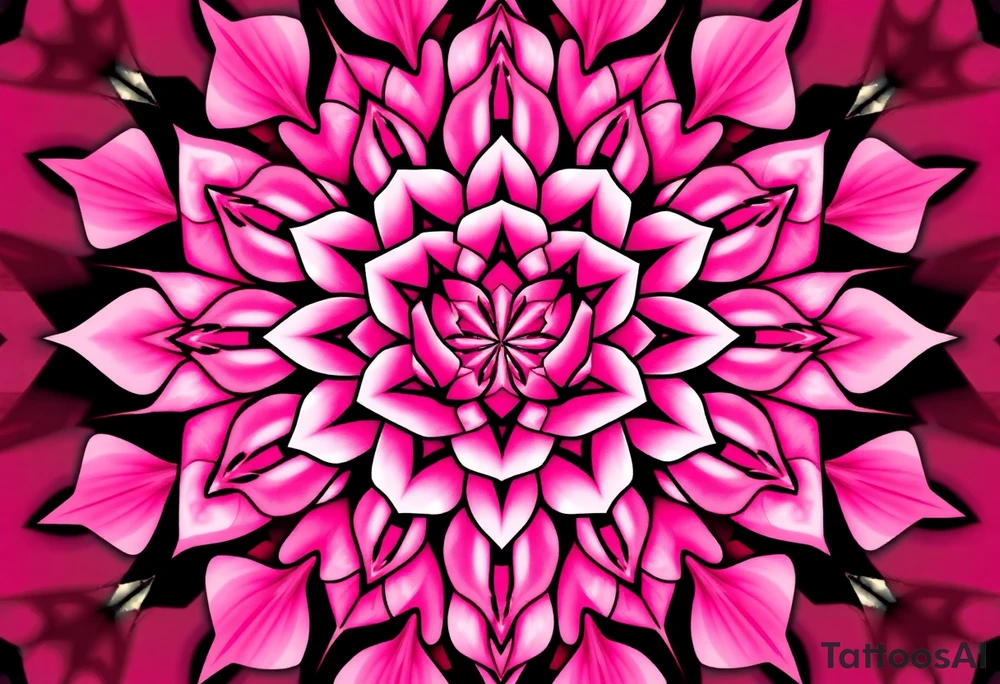 The pink rose appears as if viewed through a mesmerizing kaleidoscope, with its delicate petals radiating outward in a perfectly symmetrical, fractal-like pattern. Shades of soft blush and vibrant magenta blend seamlessly, creating a hypnotic, almost surreal visual effect that draws the eye deeper into its intricate layers. The petals seem to fold and reflect infinitely, forming geometric shapes that shift and transform, giving the rose an ethereal, dreamlike quality. tattoo idea