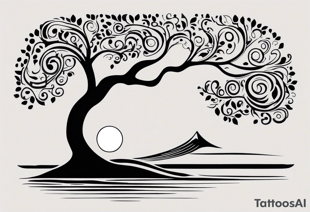 an abstract Tree of life tattoo design. Black and white. It should have roots growing out of the bottom. The roots slowly transform into water waves from the great wave by Hokusai. A golf ball should be placed discreetly. Like in the place of a moon. 2 license plate tags should be hanging from the tree. Place a few music notes. The letters A U should be engraved into the tree trunk in a heart tattoo idea