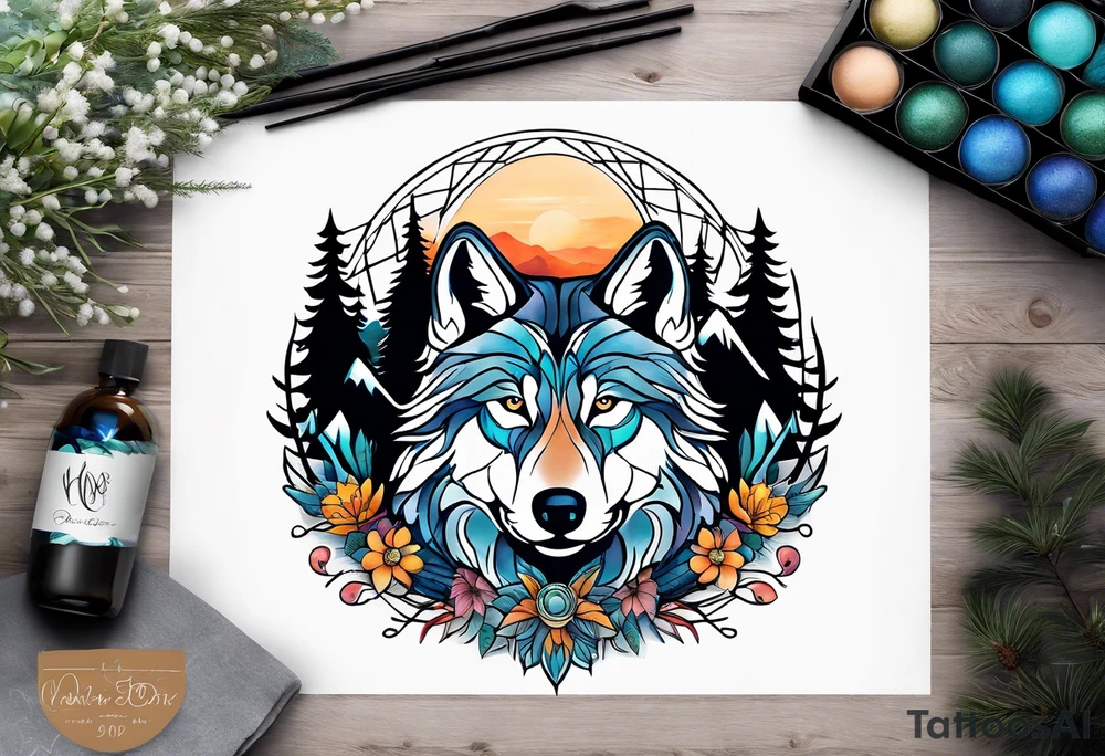 A whimsical wolf tattoo featuring mandala or dream catcher elements, with the wolf as the central focus. Show the wolves whole body standing surrounded by mountains in the background. Include flowers and nature elements to fill the space around the wolf. Some color but not completely solid bold color tattoo idea