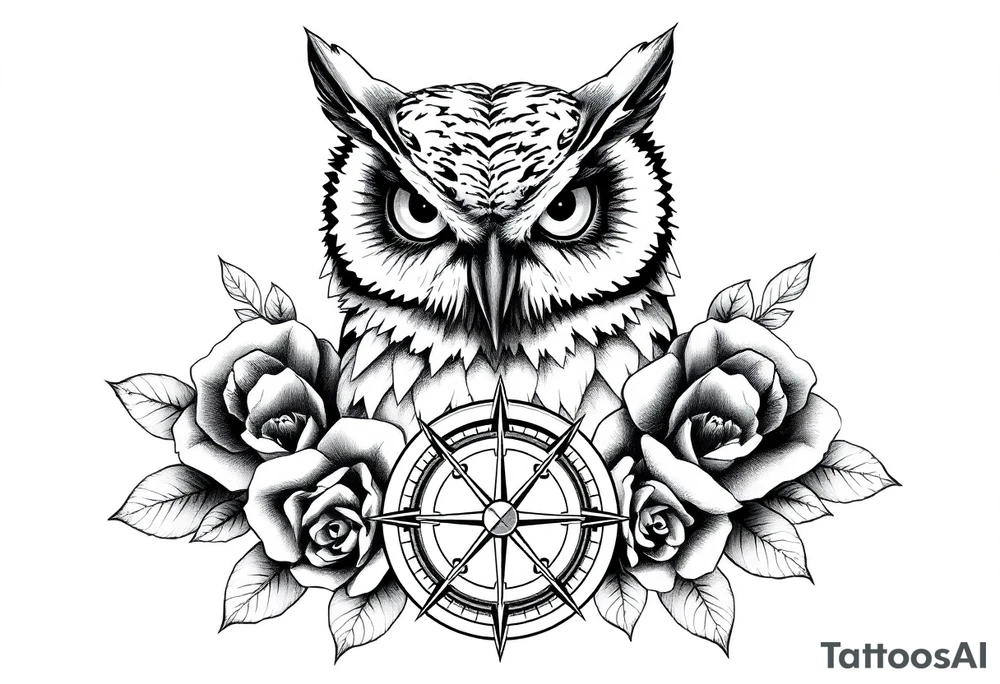 an owl,compass,roses, tattoo idea