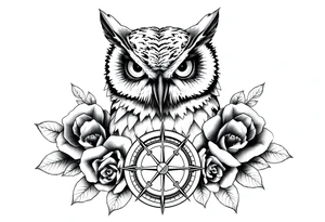 an owl,compass,roses, tattoo idea