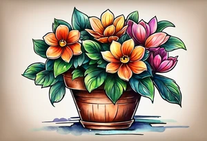 I would like a tattoo of a small-sized flower pot. Coming out of the flower pot should be a flower that has not bloomed yet, but is getting close to blooming. tattoo idea