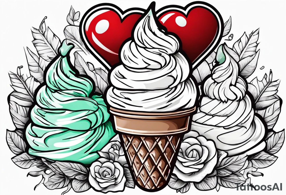 mint chocolate chip ice cream cone with small red heart on it somewhere. tattoo idea