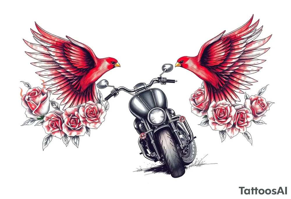 Harley grey motorcycle driving away, two red birds flying, roses, flames, angel wings tattoo idea