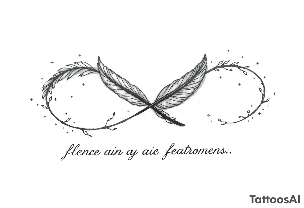 infinity symbol woven with floating feathers and stardust tattoo idea