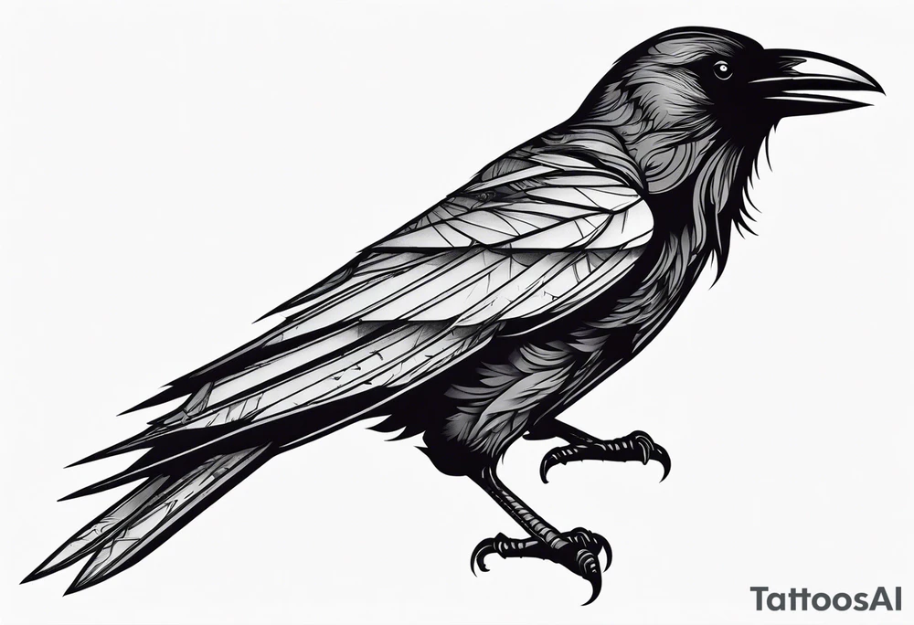 a black raven with a sword in its mouth facing left tattoo idea