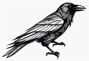 a black raven with a sword in its mouth facing left tattoo idea