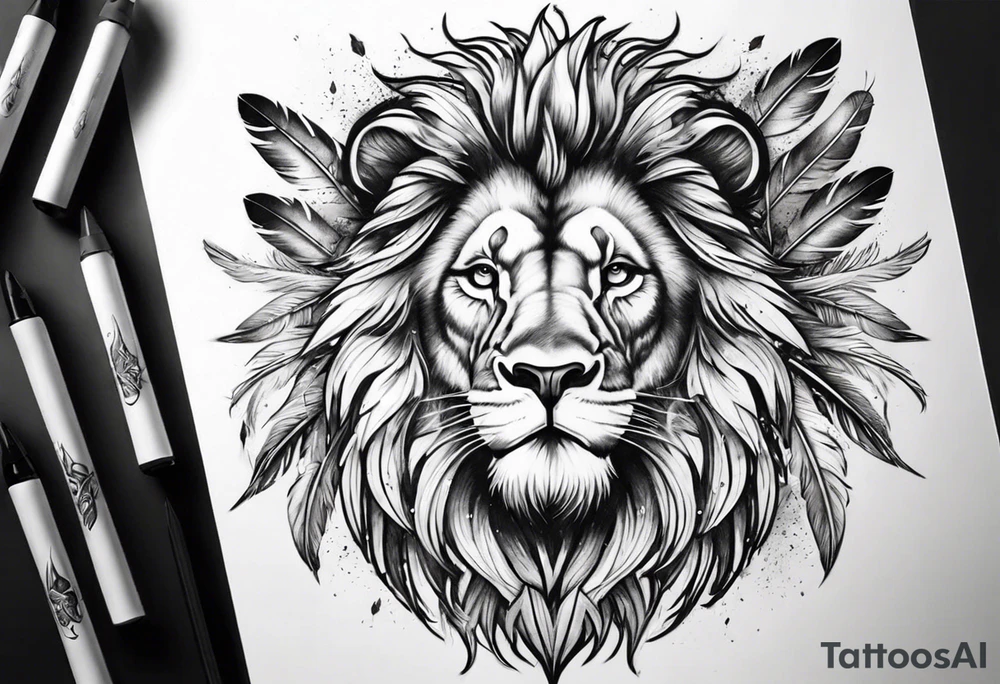 Powerful lion and feathers tattoo idea