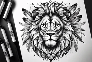 Powerful lion and feathers tattoo idea