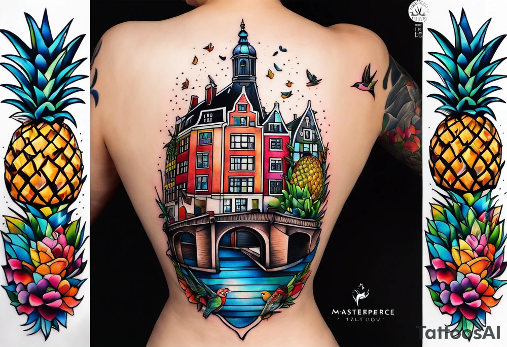 Tattoo of animals made from glass in Amsterdam featuring Amsterdam buildings and canal in galaxy colours featuring pineapples and birds tattoo idea