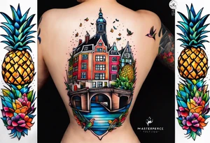 Tattoo of animals made from glass in Amsterdam featuring Amsterdam buildings and canal in galaxy colours featuring pineapples and birds tattoo idea