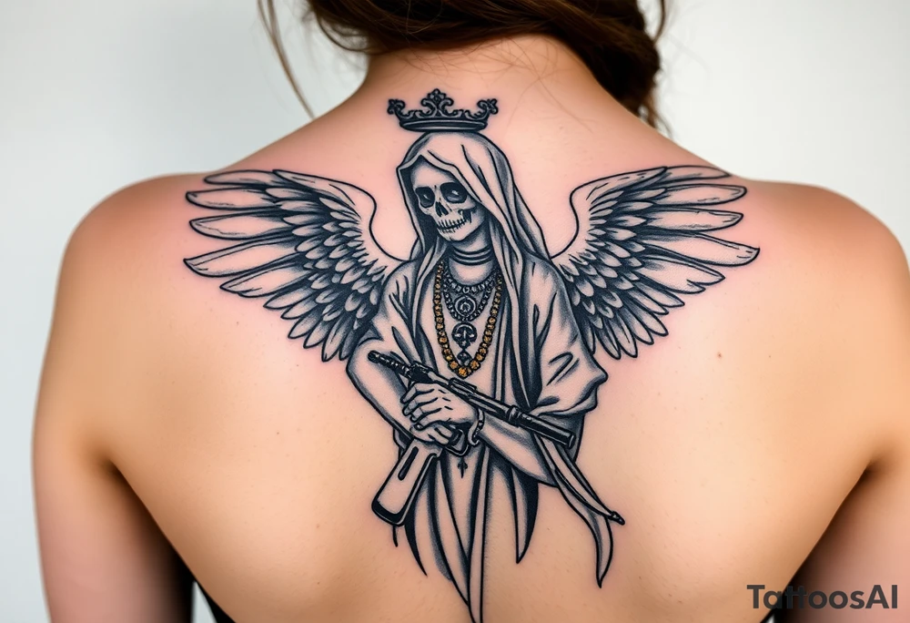 old angel statue (Santa Muerte style) criminal style tattooed and at the same time contemporary, weapons in hand, gangster-style gold necklaces tattoo idea