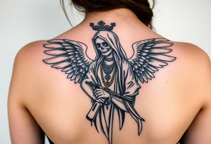 old angel statue (Santa Muerte style) criminal style tattooed and at the same time contemporary, weapons in hand, gangster-style gold necklaces tattoo idea