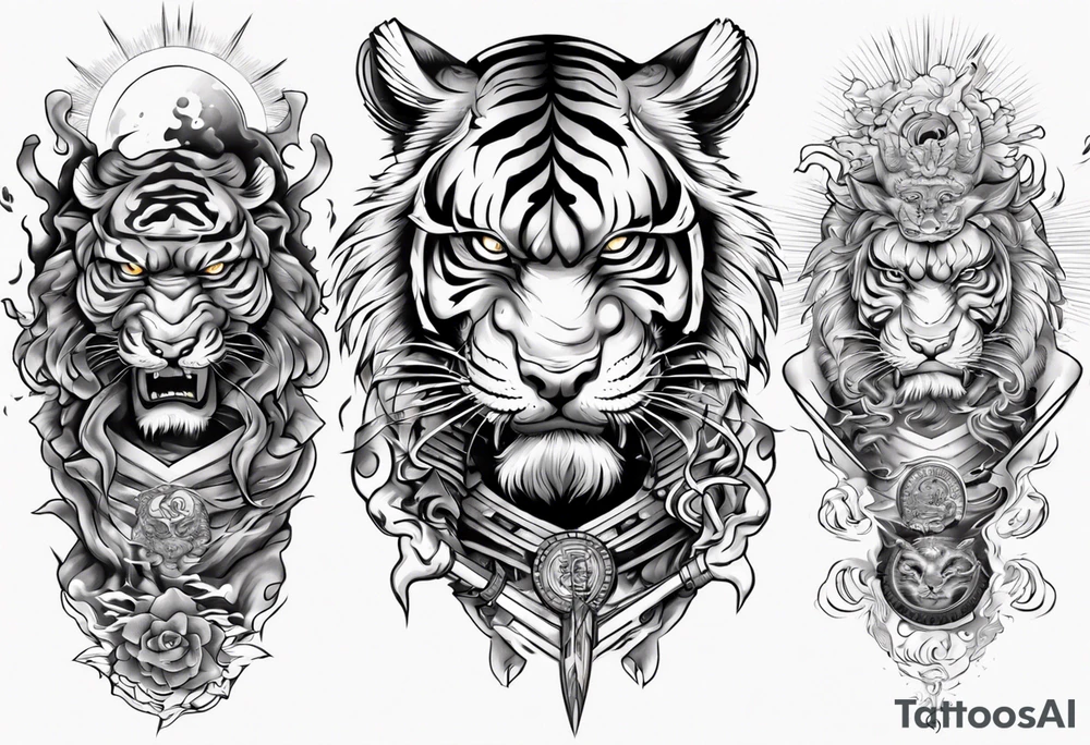 tiger warrior with lightning and the sun for a forearm sleeve tattoo idea