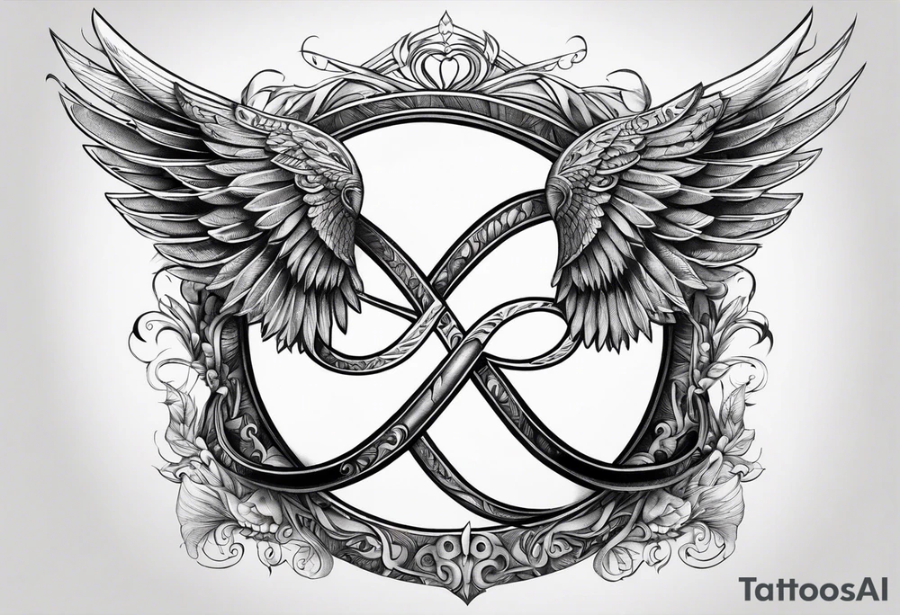 Infinity sign dates 01/59-02/16 and angle wings in the background tattoo idea Infinity sign dates 01/59-02/16 and angle wings in the background tattoo idea