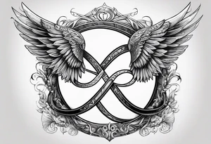 Infinity sign dates 01/59-02/16 and angle wings in the background tattoo idea
