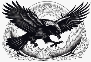 a scary black raven landing on the back of a wolf tattoo idea
