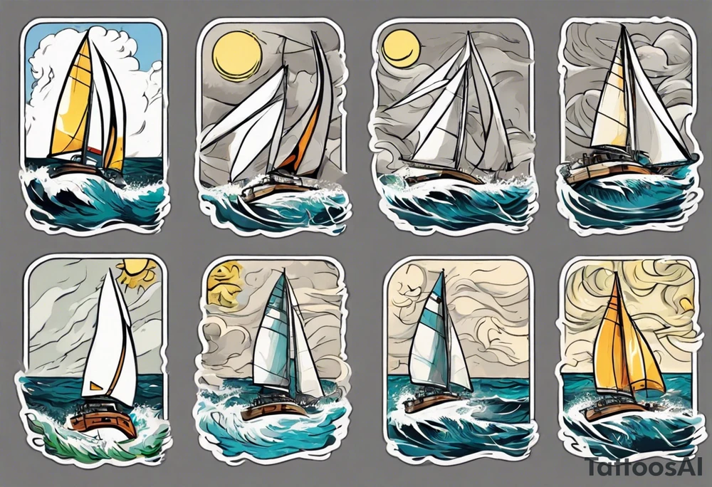 Sailing Catamaran in Rough weather and waves tattoo idea