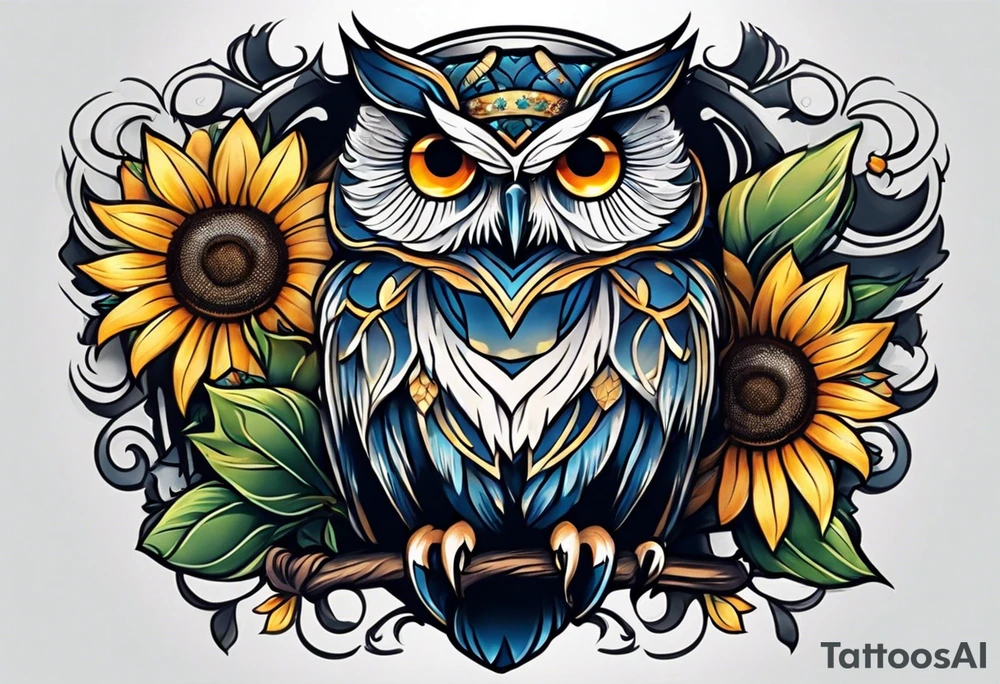 Small owl with butterfly and sunflower leg sleeve tattoo idea
